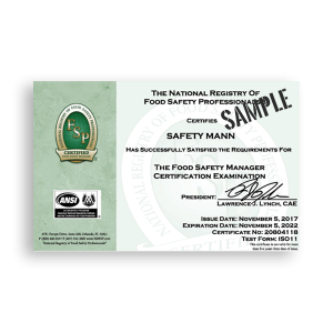 Sample Food Manager Certificate from National Registry of Food Safety Professionals